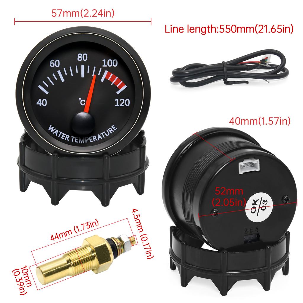 MAIMEIMI Pointer 40~120℃ Water Temperature Gauge With Sensor 10MM WHITE LED 52MM Water Temp Meter Indicator for Auto Car 12V