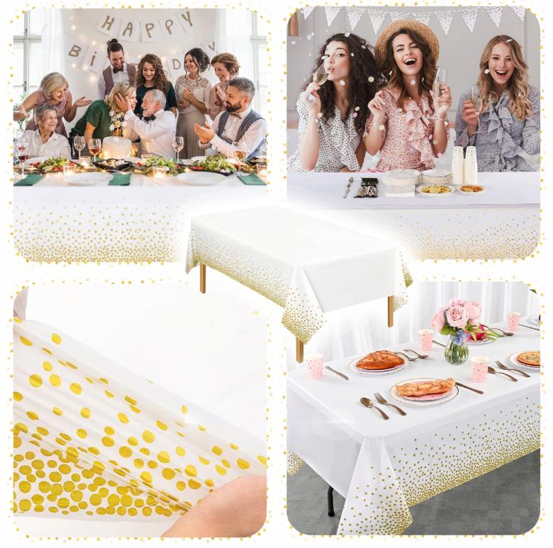 Disposable Tablecloth FOR a White Foil Table With Gold Confetti, Large 137x274 Cm