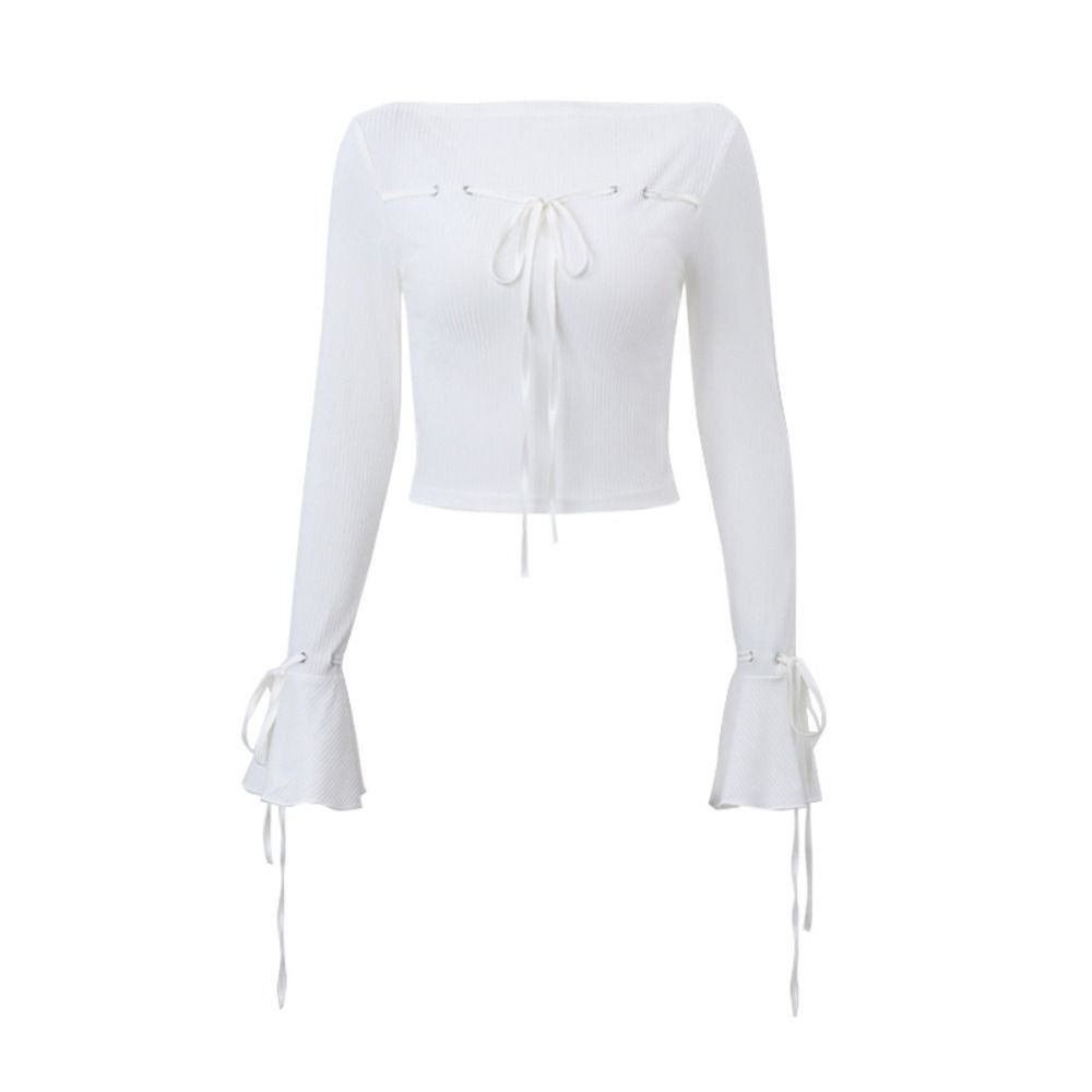 

Bell Sleeve Pullover Sweater Bowknot Lace Up Lace Up Top Creative Long Sleeve Blouse Women