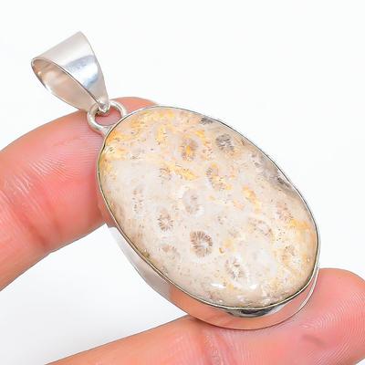 Natürlicher Fossilkorallen Edelstein Handgefertigter 925 Sterling Silber Anhänger 2.09" B9E98