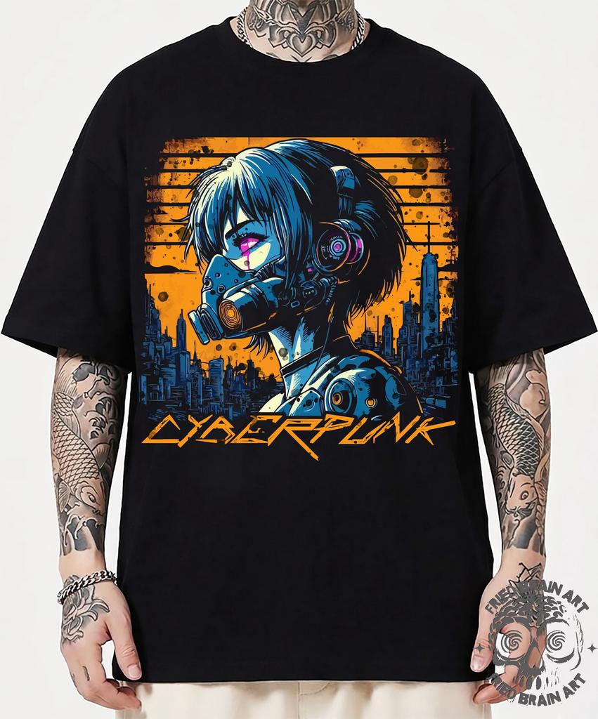 Cyberpunk Anime Girl T-Shirt: Futuristic Robot Design
