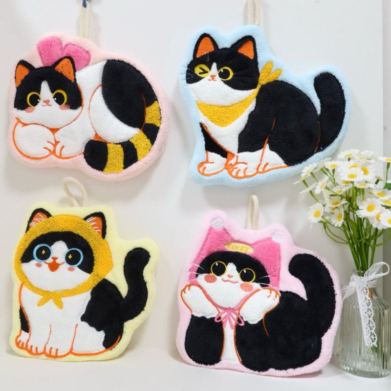 Kreslený korálový sametový ručník do kuchyně Kawaii kočka Utěrka na ruce Čisticí hadřík Koupelnový závěsný ručník Absorpční čistý hadr