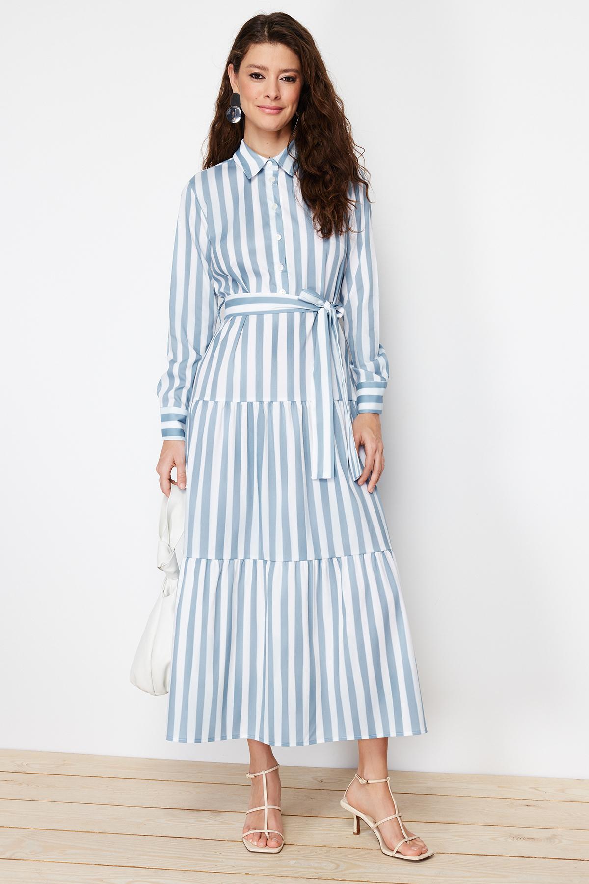 

Women s Fashion New Hijab Dress Blue Shirt Collar Striped Belted Woven Dress