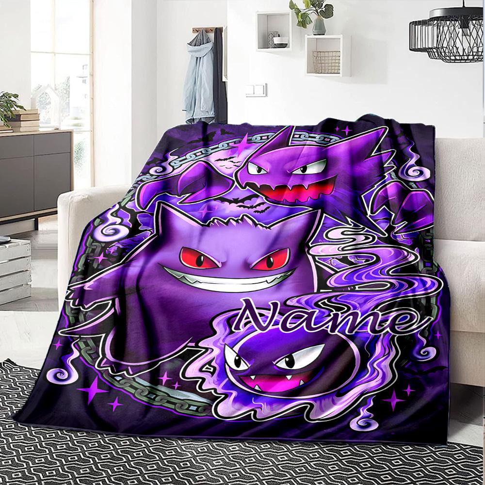 Customizable Gengar1 Throw Blanket – Personalized Name, All-Season Cozy Snug Blanket, Machine Washable, Personalized Blanket