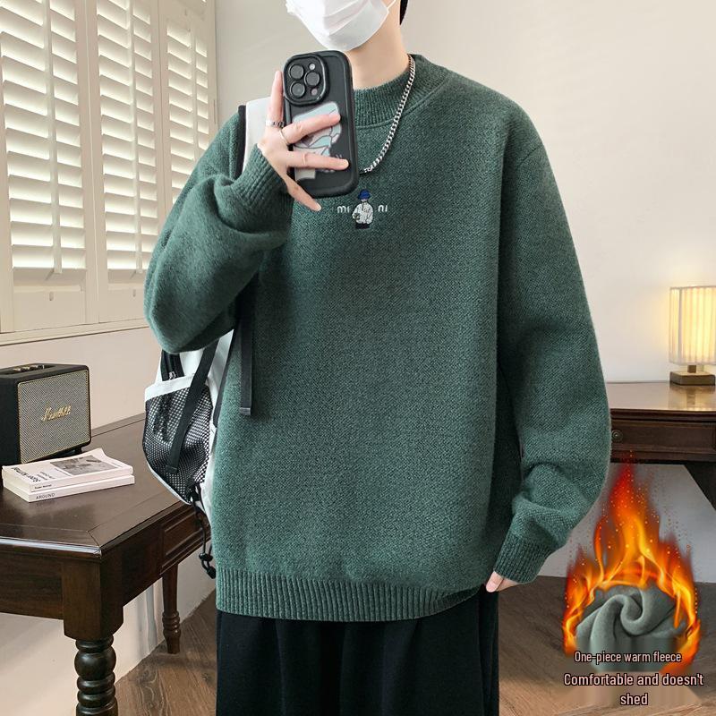 KM1023 Winter Plus Velvet High Neck Embroidered Men's Sweater - Thickened Base Layer Knitwear.