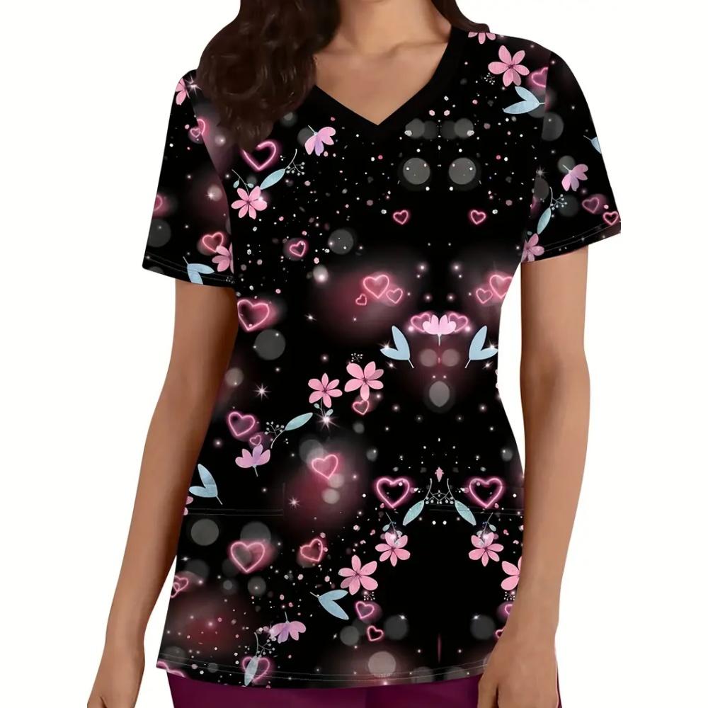Fashion Heart Print Surgical Uniforms Woman V-Neck Health Care Clinical Uniform Summer Short Sleeve with Pockets Scrubs Woman