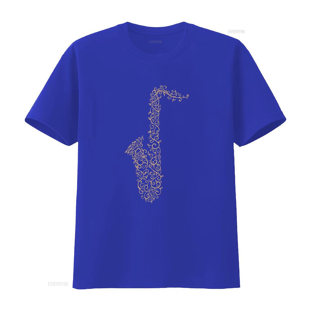 Elegant Gold Vine Wrapped Saxophone Print T Shirt for Music Lovers 100 Cotton vintage Washed homme Casual Soft Breathable