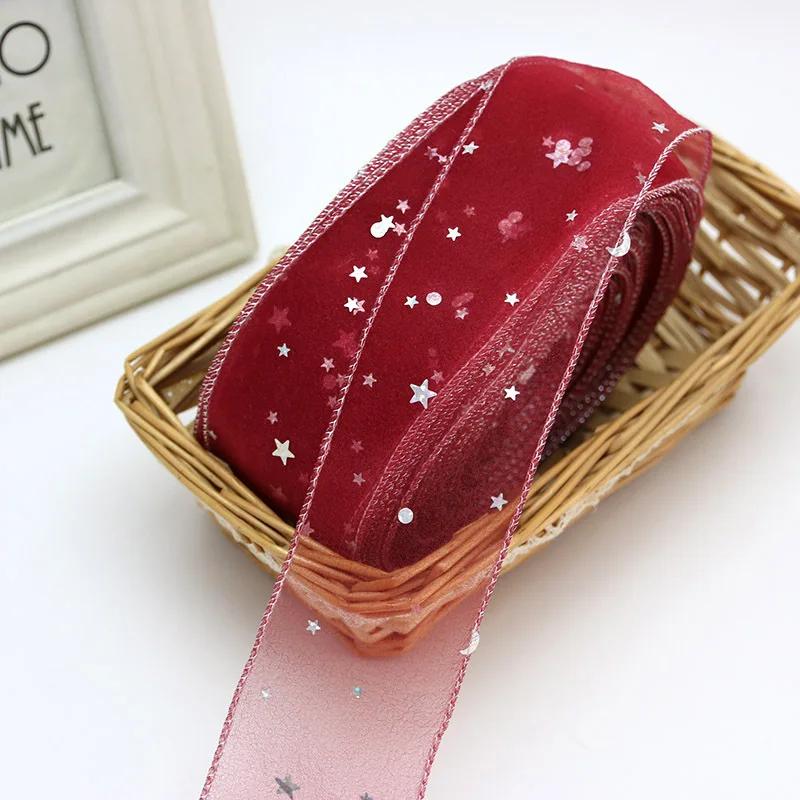 (5 Yards/roll) Stars Silk Organza Ribbon Bow Material for Hair Print Flower Decoration Lace Ribbons
