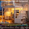 Loft Bed (140 x 200 cm), Metal Bed with LED Light Strip, Long Desk, Safety Ladder and Flexible Storage – Universal Bed for Adults and Children White