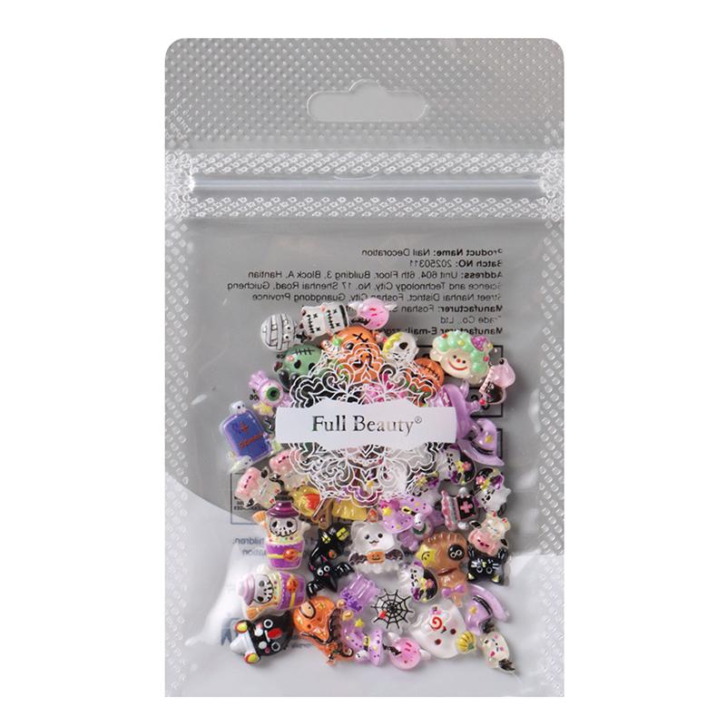 50/100Pcs Kawaii Halloween Nail Charms Cartoon Pumpkin Ghost Cat Mixed Sized Resin Ornaments Cute Spider Web Bat Nail Decor