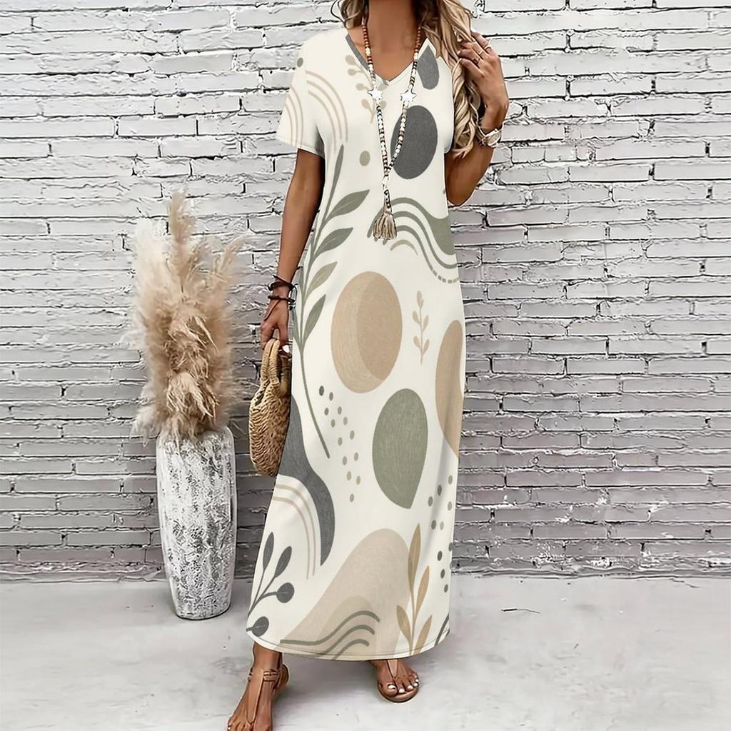 Women Plus Size V Neck Short Sleeve Printed Long Maxi Dress