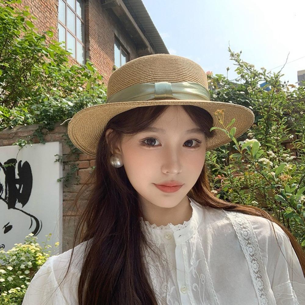 Elegant Straw Woven Hat Breathable Women's Sun Hat Simple Beach Flat Top Hat  Ladies