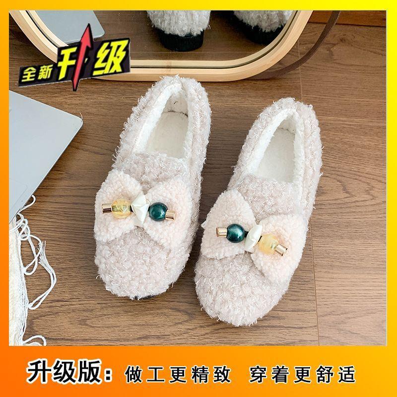 

Flat bottom one pedal Doudou shoes fluffy shoes outer wear 2025 autumn and winter new popular fashion bow velvet cotton shoes 36