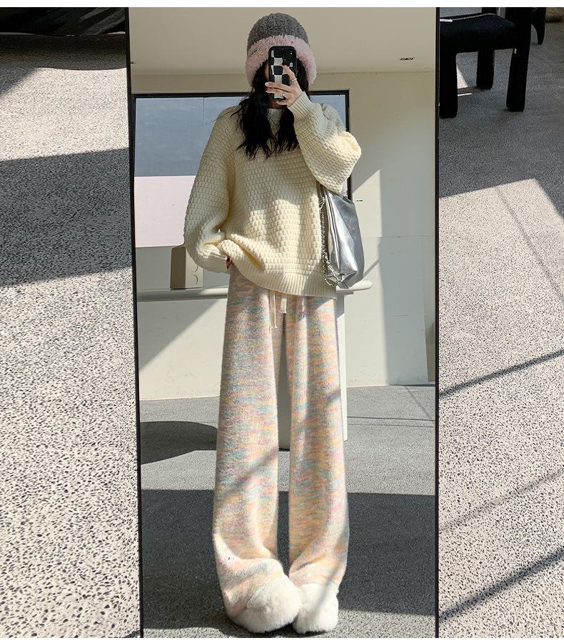 Spring 2024 Rainbow Knit Cashmere Wide-Leg Pants for Women - Loose, Casual & Stylish