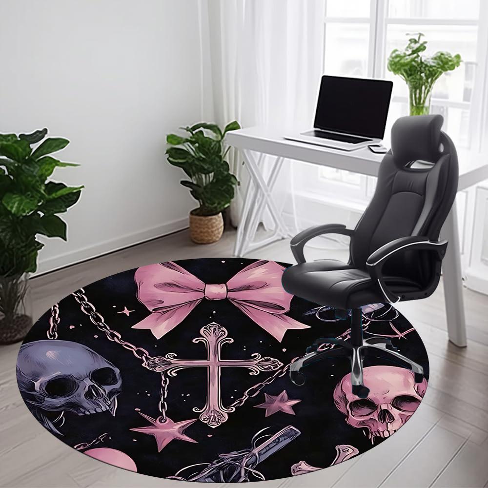 1pc Bow Gothic Skulls Office Round Area Rug, Indoor Mat Suitable ForOffice, Under Office Chairs Bedroom Living Room Home Decor, Room Deco, n60