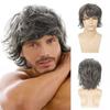 Mens Short Curly Wig With Side Swept Bangs Golden Color 12 Inch Synthetic Hairpiece Daily Wear