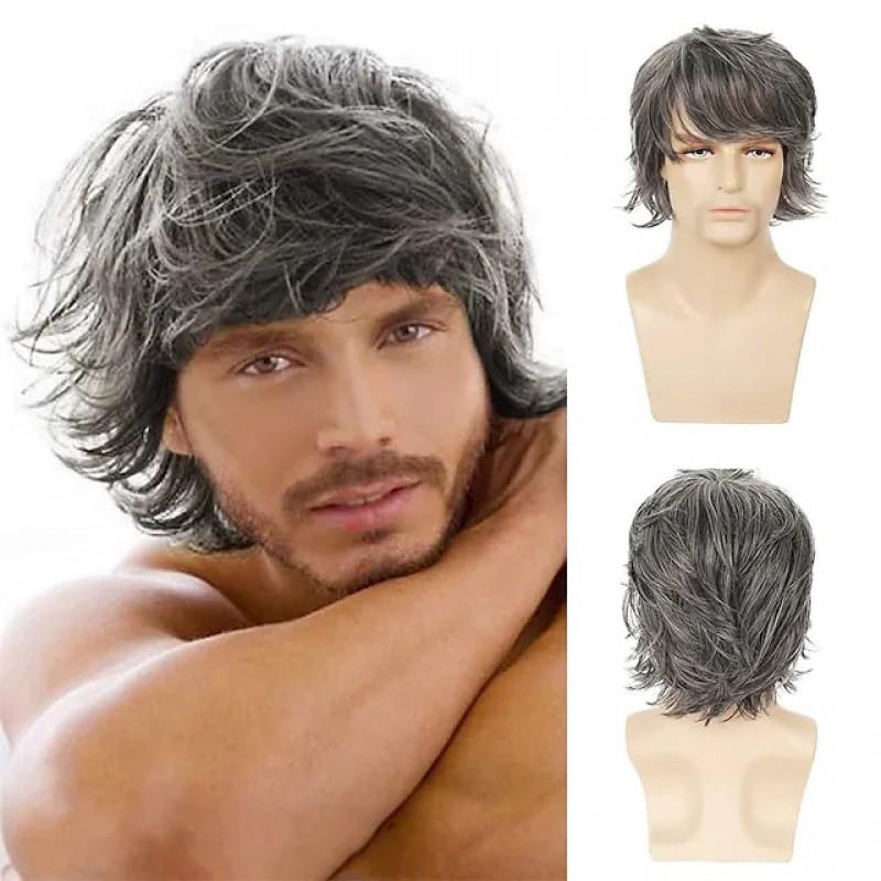 Mens Short Curly Wig With Side Swept Bangs Golden Color 12 Inch Synthetic Hairpiece Daily Wear