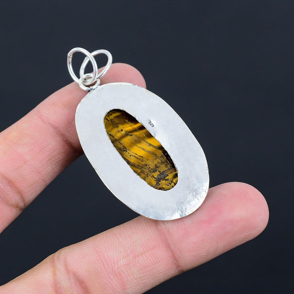 925 Sterling Silver Tiger Eye Stone Engagement Bezel Handcrafted Pendant Jewelry
