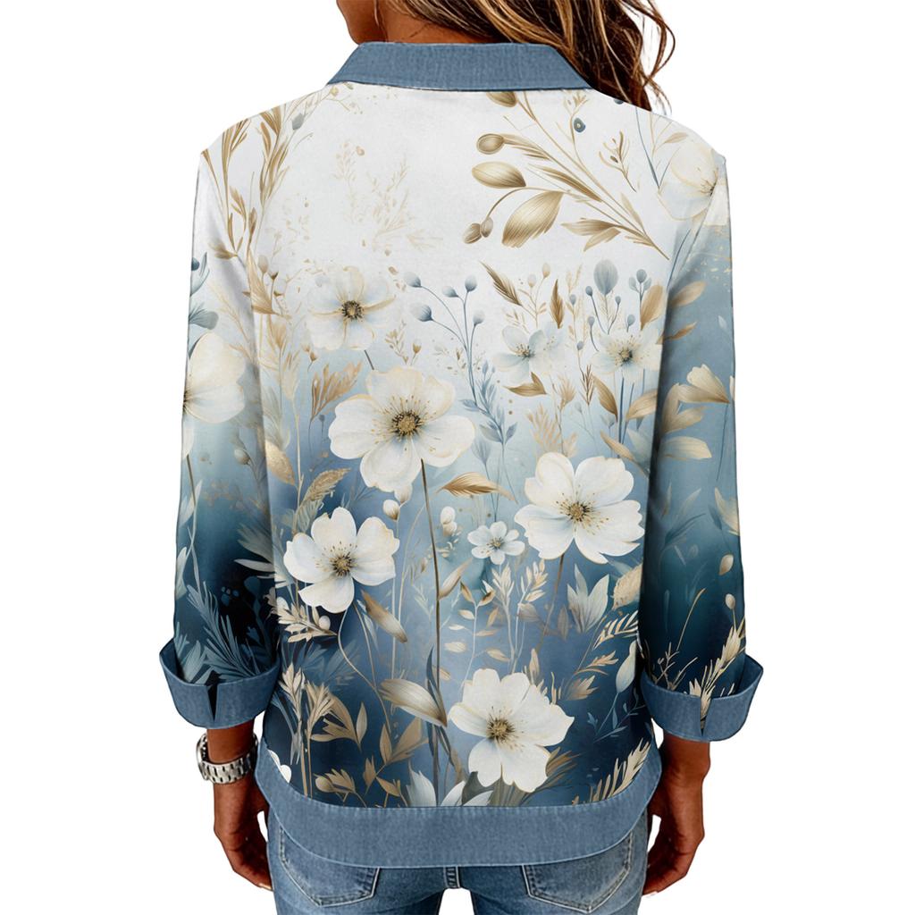 Women's Fashion Flared Long Sleeve Denim Patchwork Sweatshirt Print Casual Pullover Top