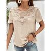 Nuova Blusa Estiva con Inserti in Pizzo da Donna Camicie Scollo Tondo Traforate Top alla Moda Manica Corta Colore Unito Dolce Abbigliamento Largo Elegante