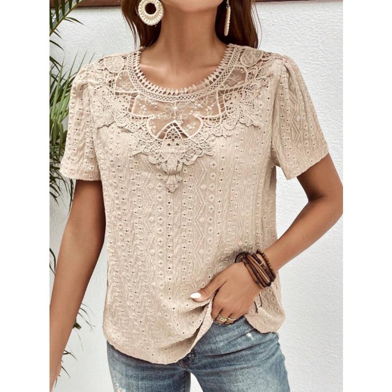 Nuova Blusa Estiva con Inserti in Pizzo da Donna Camicie Scollo Tondo Traforate Top alla Moda Manica Corta Colore Unito Dolce Abbigliamento Largo Elegante