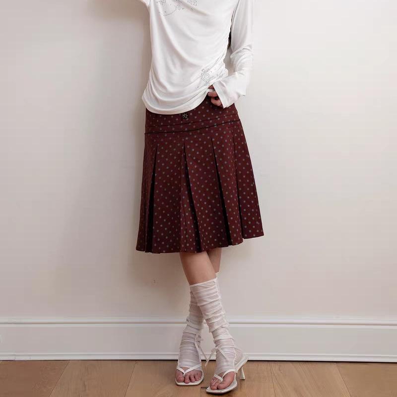 Jupe Midi Plissée à Pois Rouges Vintage: Design unique en ligne A à l'esthétique littéraire