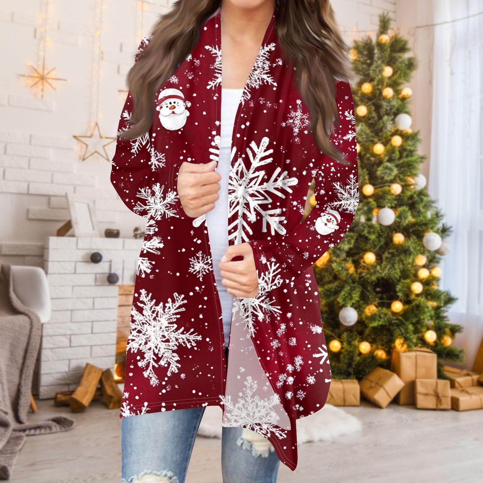 

Женская мода повседневная рождественская печать средней длины кардиган куртка пальто XXXXL винный