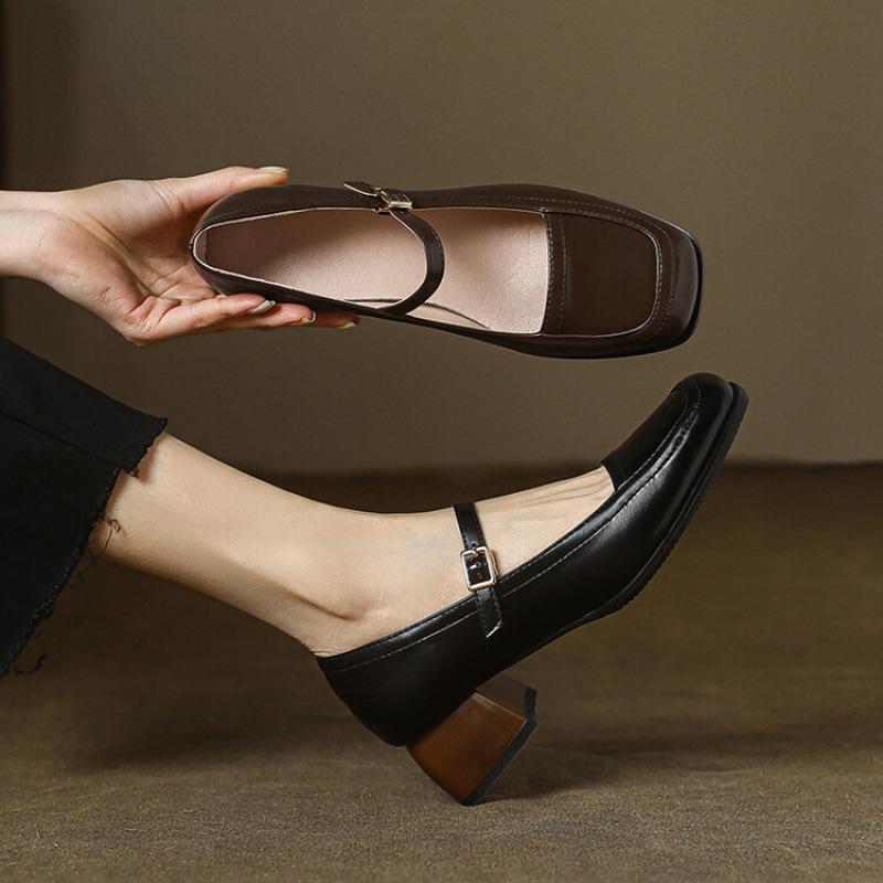 Medium Heel Casual Small Leather Shoes Women Wear Rubber Sole Single Shoes In All Seasons, New Black Square Heel Women's Low-top Shoes