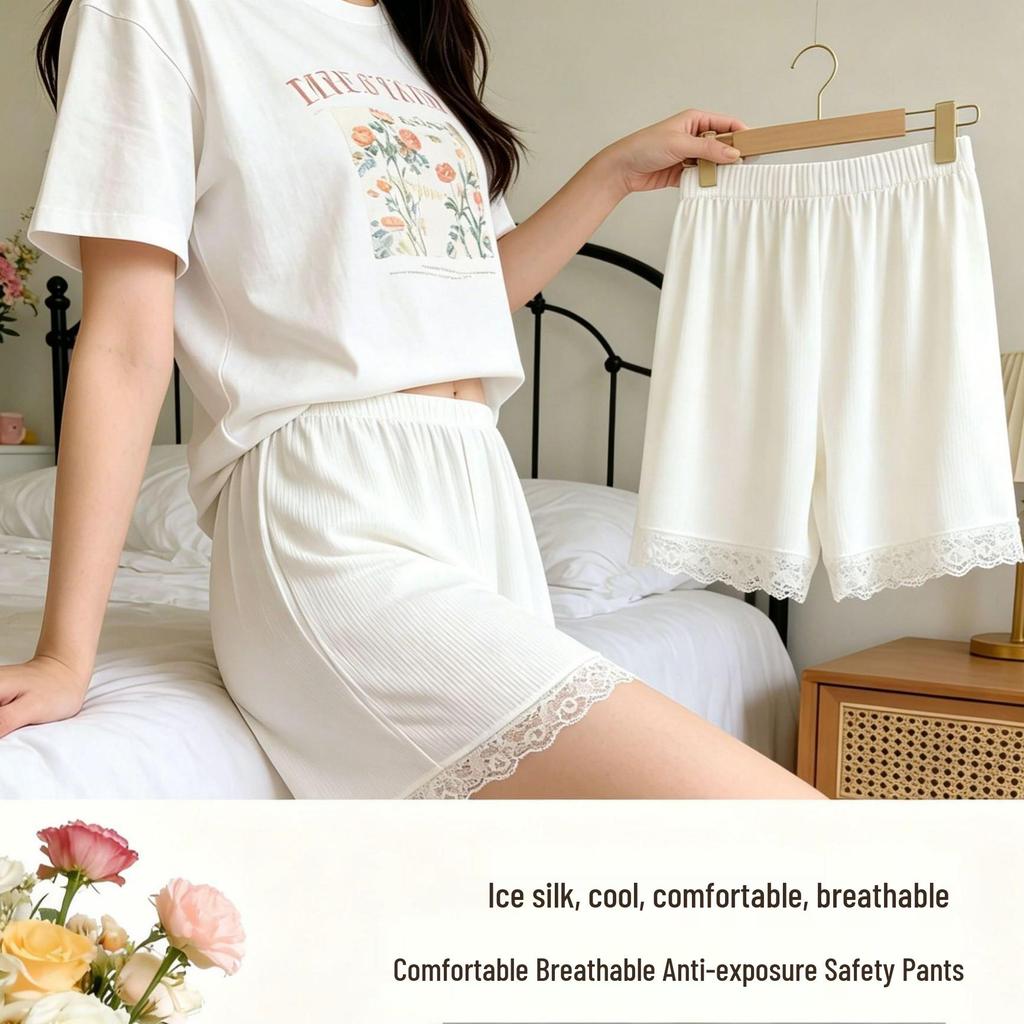 Women's Ice Silk Anti-Exposure Safety Shorts - Non-Rolling, High Elasticity, Breathable, Large Size, Loose Fit, Three-Quarter Length.
