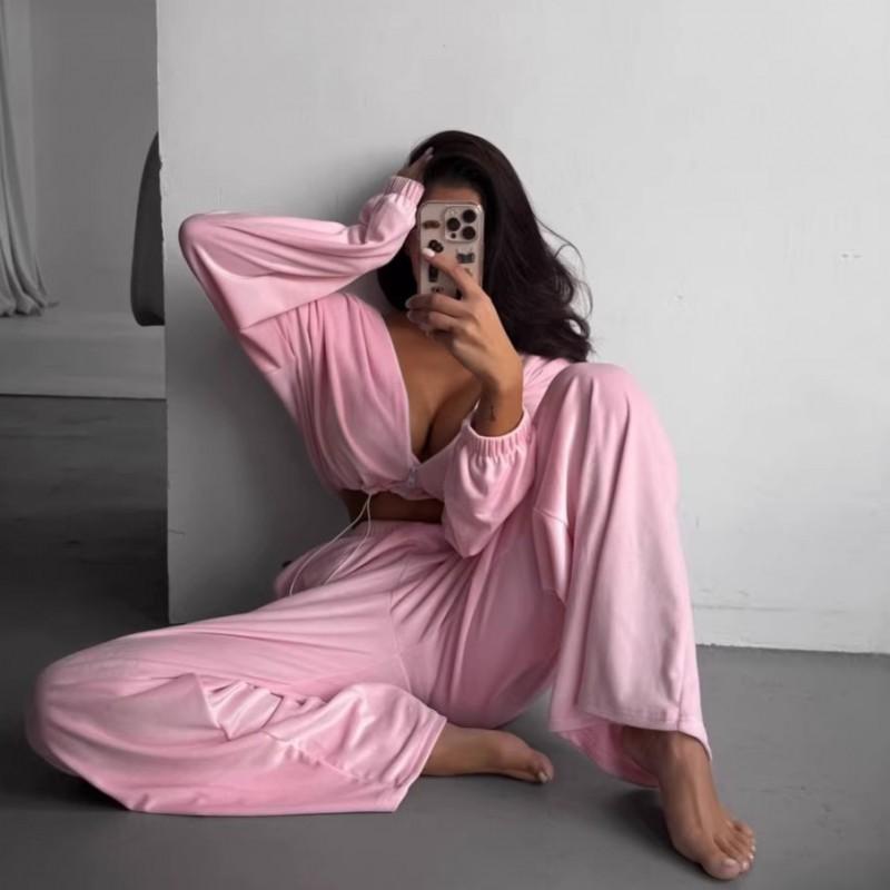 

Women s Sexy Suit Pure Color Long-sleeved Zipper Short Cardigan Drawstring Wide-leg Pants Velvet Two-piece Set M рожевий