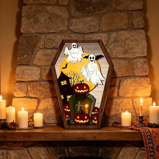 Halloween Holzgrabstein Form Tischblockschild Gruseliger Geist Kürbis Fledermaus Burgen Mehrstufiges Tablett Mittelstück für Halloween-Party Innenraumdekoration