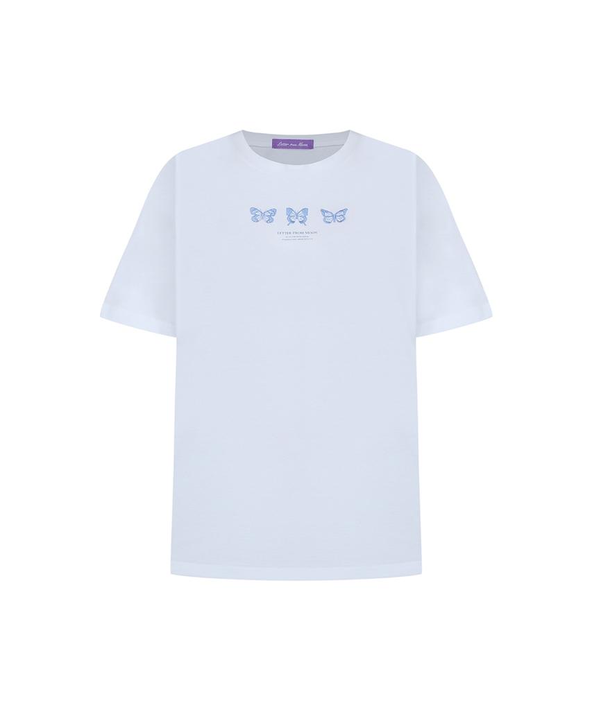 LETTER FROM MOON Triple Butterfly Embroidery Oversized Short Sleeve T-Shirt (White & Blue)