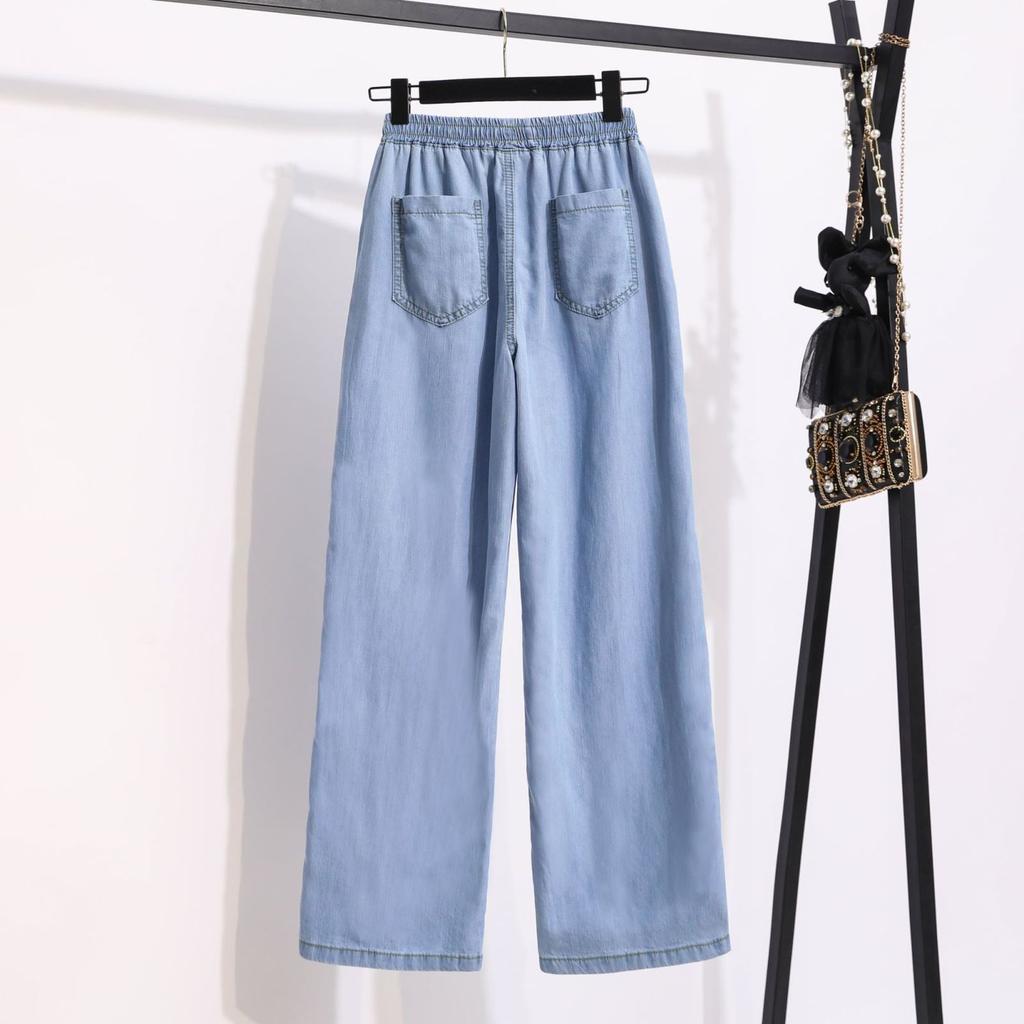 Ice Silk Denim Straight Leg Pants for Women Spring and Summer Elastic Waisted Thin and Loose Pants