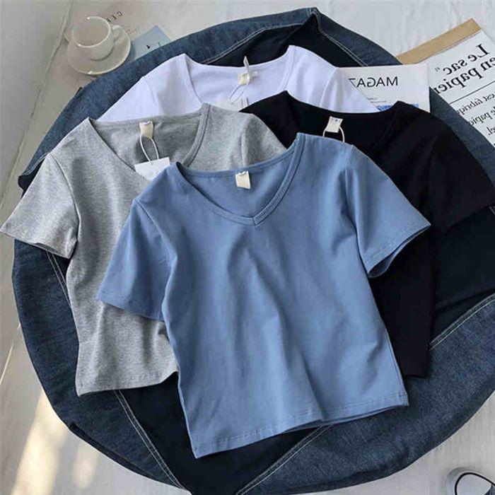 2026 New Style V-Neck White Cotton Women's Cropped Short-Sleeve Top