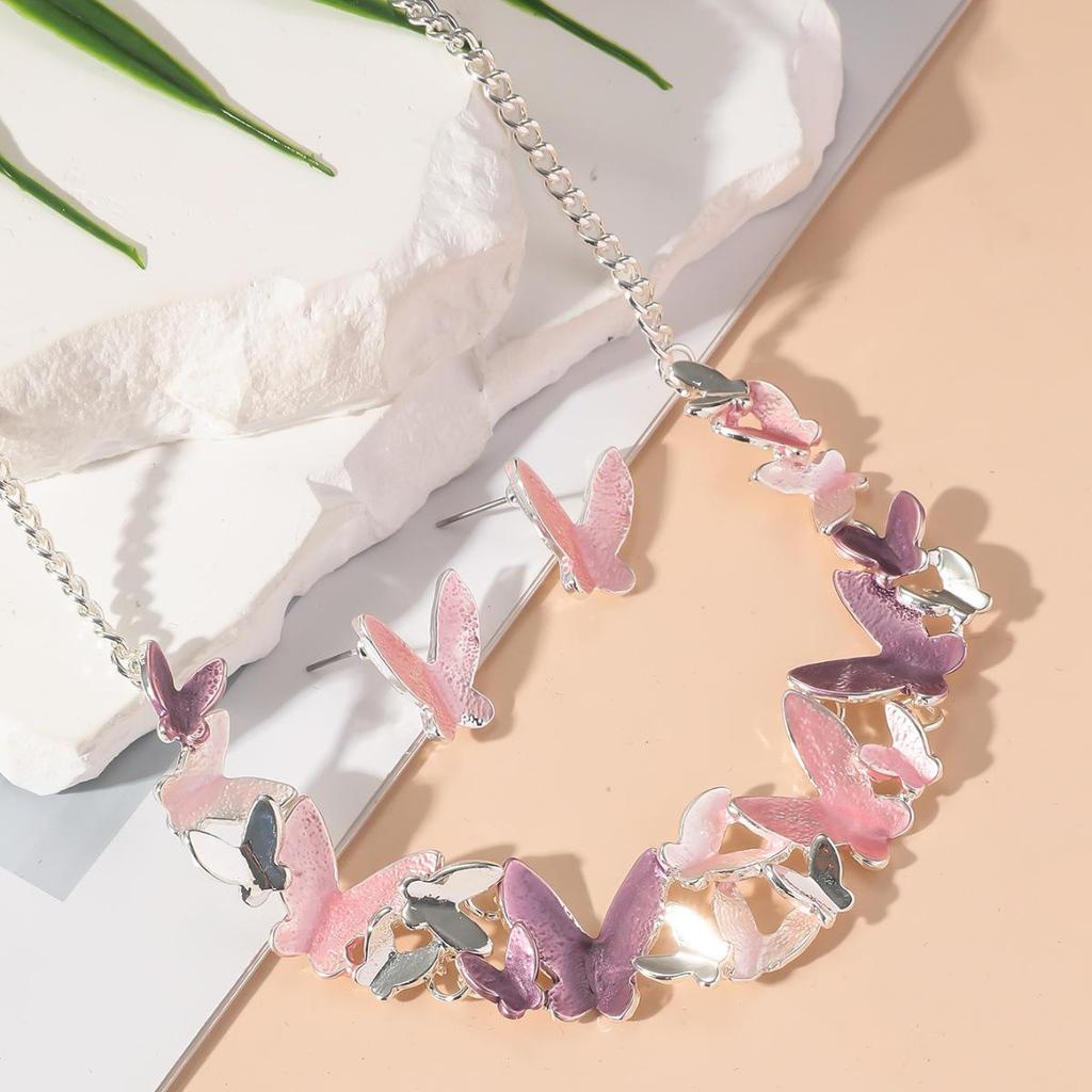Colorful Butterfly Necklace & Earring Set for Women - Retro Style, Perfect for Holidays & Trendy Accessories