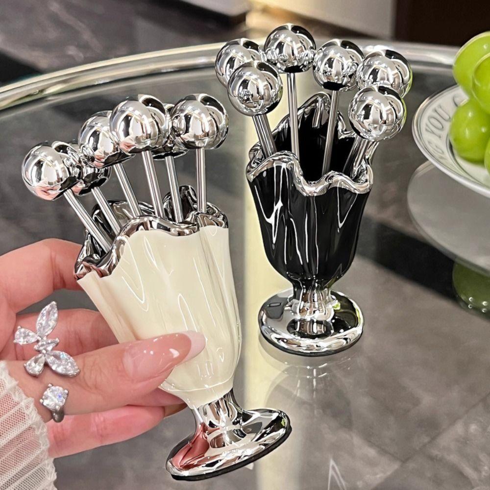 6Pcs INS Dessert Forks with Holder Stainless Steel Fruit Picks Storage Jar Set  Party Supplies
