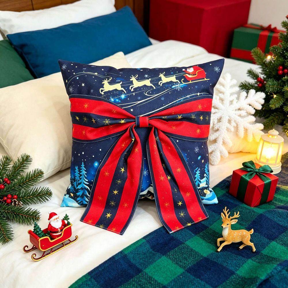 Bow Design Christmas Pillow Cover Snowflake Xmas Tree Pillowslip Sofa Pillow Cover  Holiday Cushion