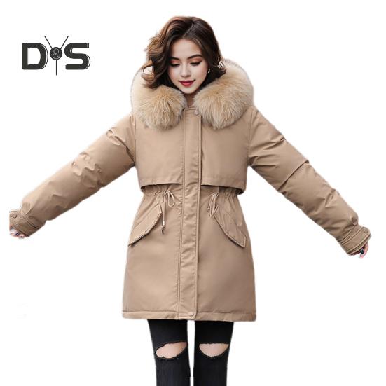 Winter-Daunenmantel, dick gepolstert, Plüschkapuze, mittellang, winddicht, Taschen, lange Ärmel, verstellbarer Kordelzug, Baumwolljacke für den Alltag