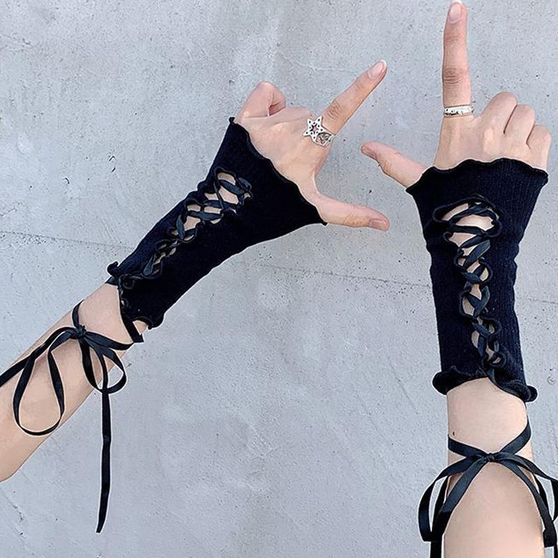 Lolita Strapping Bow Fishnet Lace Fingerless Gloves Floral Elastic Mesh Handwear