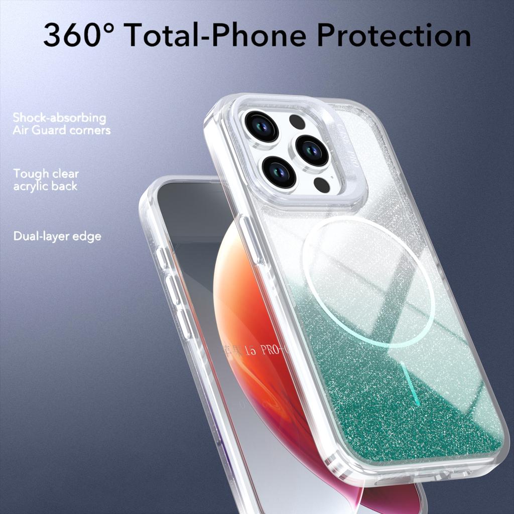 For iPhone 14 Pro Max Magnetic Case Gradient Glitter Shockproof TPU PC Phone Cover Compatible with MagSafe