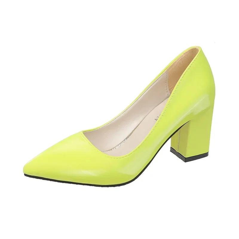 Fashion Patent Leather PU Woman Pumps 10cm Square Heels Sexy Party Pointed Toe Luxury Women's Shoes Super Big Size 35-43
