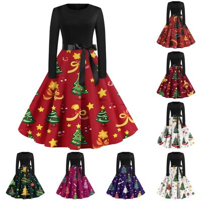 Women's Christmas Printed Long Sleeve Round Neck Plus Size Evening Prom Dresses
