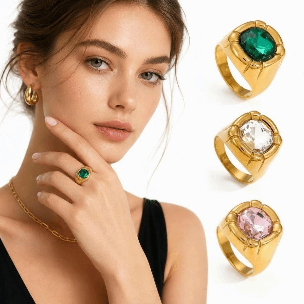 Colorful Zircon Zircon Rings Stainless Steel Finger Ring Elegant Gold Plated Rings  for Women