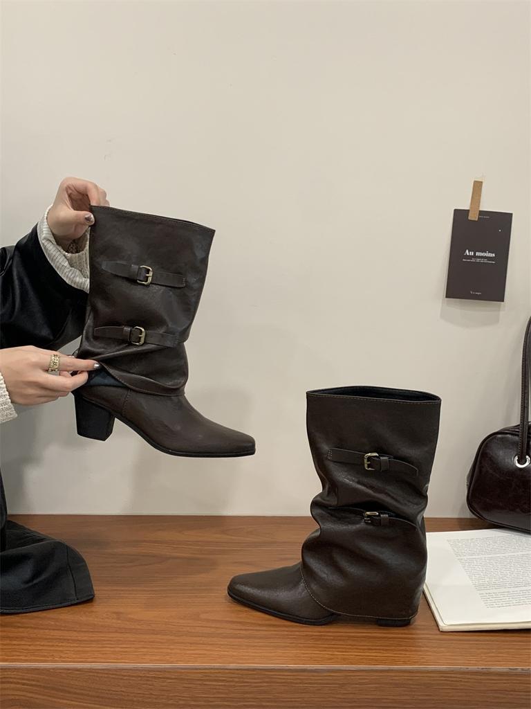 Pleated belt buckle stack boots women's trouser boots 2025 autumn and winter new thick heel medium tube knight boots Martin boots