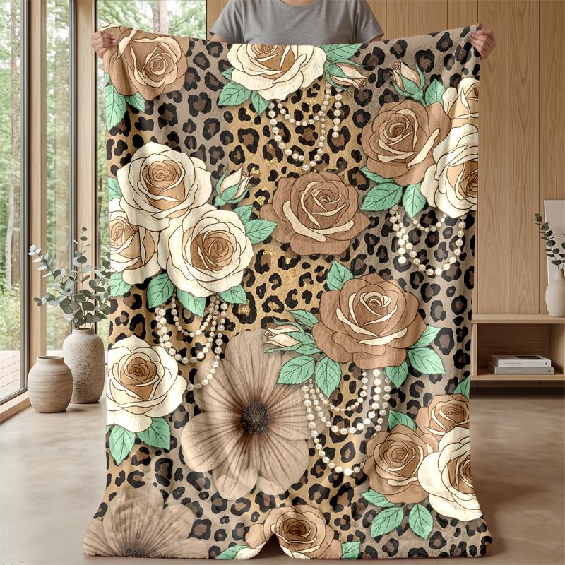 Leopard Roses and Bow Theme Blanket Lightweight Warm Flannel Blanket Decorative Throw Blanket for Home Decoration