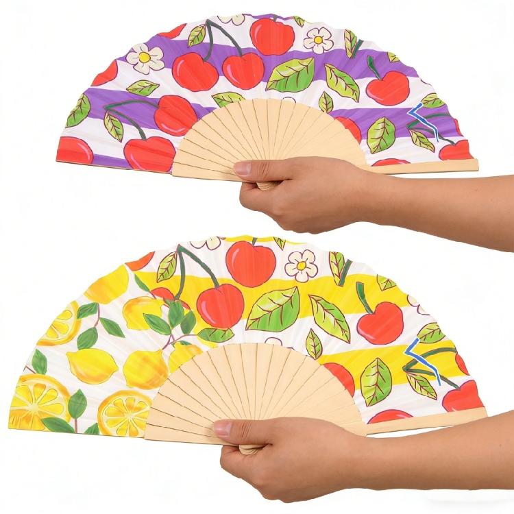 7Inch Lemon Cherries Pattern Wood Folding Hand Fan Portable for Dance Event and As Home Art Decoration Spanish Design