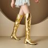 Women's Low-heeled Boots Autumn and Winter New Thick-heeled Large-size Golden Knee Boots
