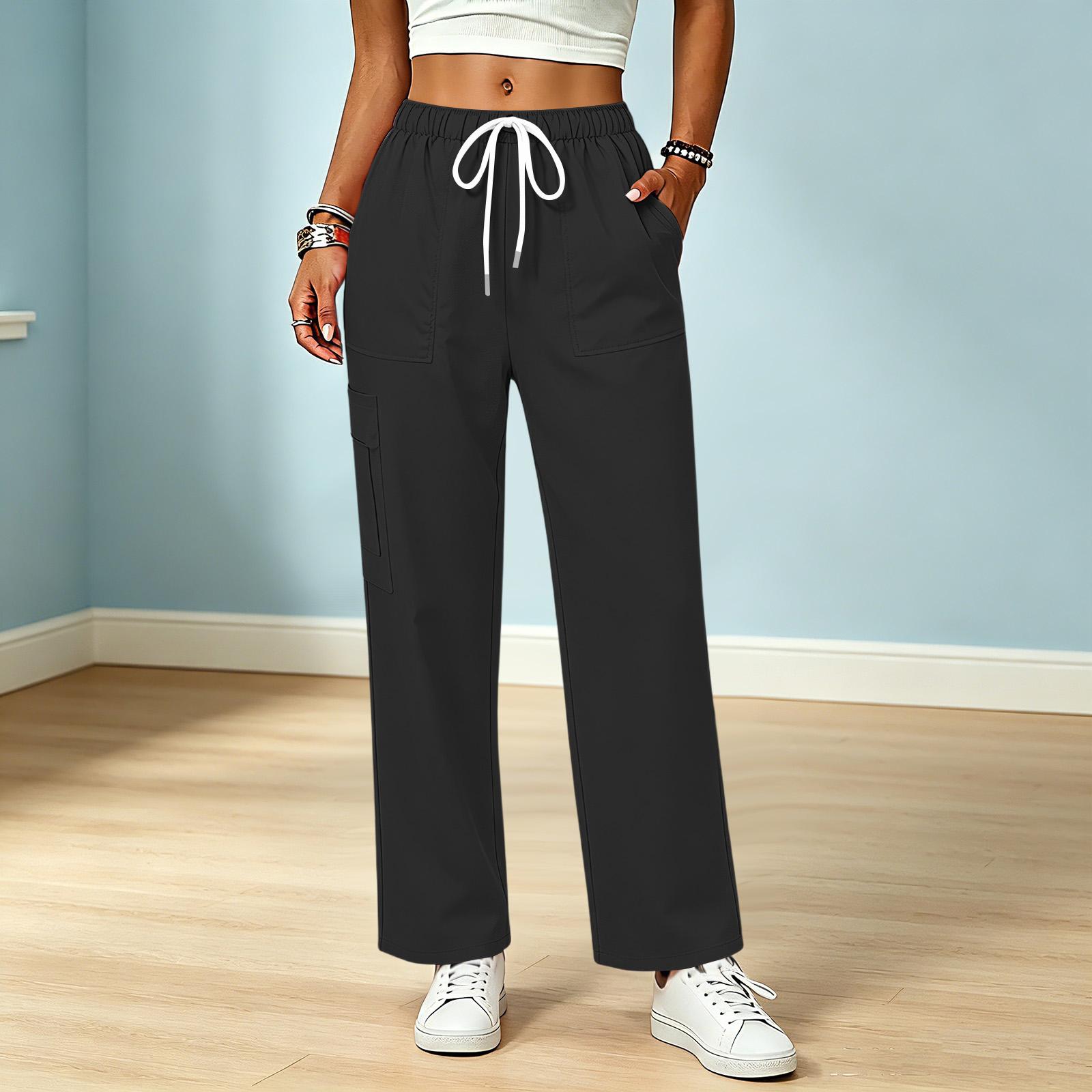 Women s Casual Color Drawstring Elastic Waist Pants with Pockets L