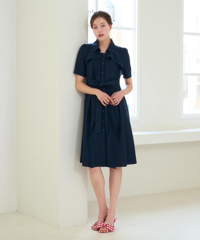 L By L Navy Frill Collar Belted Dress
