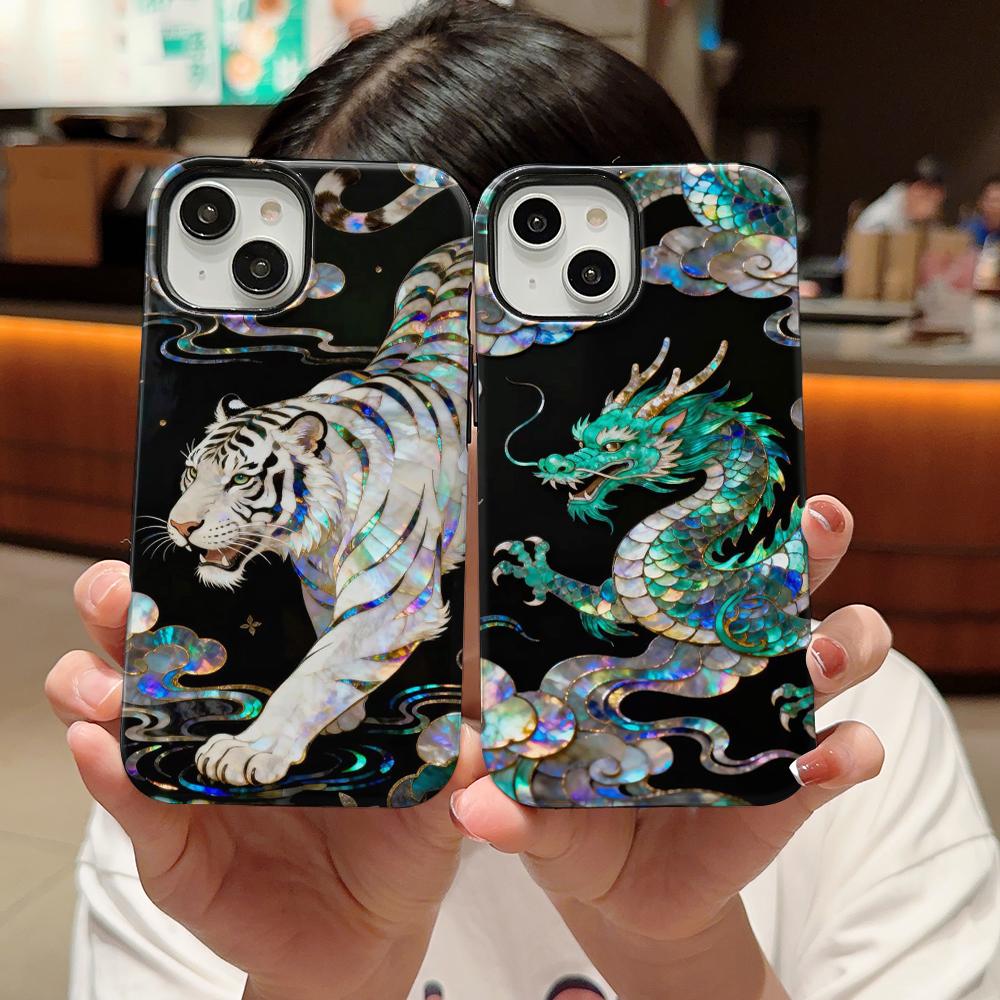 Stylish Tiger Dragon Marble Texture Printed 2 in 1 TPU+PC Phone Case for iPhone 17 16 15 14 Plus 13 12 11 Pro Max Mini XS Cover